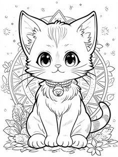 a coloring page with a cat sitting on the ground and flowers around it, in black and white