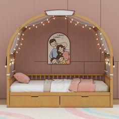 a child's room with a bed and some lights