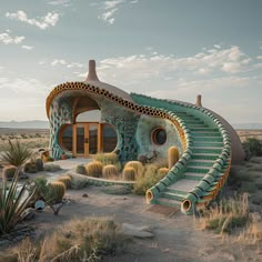 an unusual house in the desert surrounded by cacti and cactus plants with stairs leading up to it