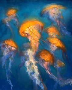 an oil painting of jellyfish in blue water