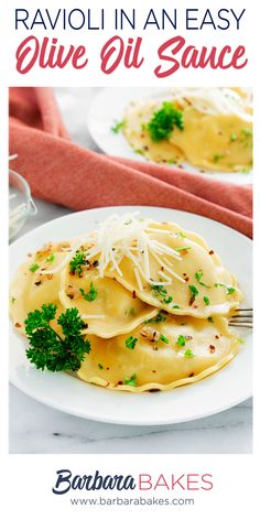 ravioli in an easy olive oil sauce on a white plate with parmesan cheese