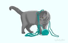 a gray cat playing with a ball of yarn