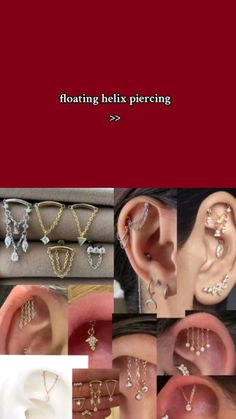 many different types of ear piercings in various styles and colors, with the words floating he