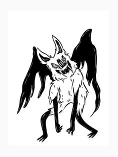 a black and white drawing of a demon with its wings spread out, on a white background