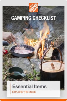 a person cooking food over an open fire with the words camping checklist on it