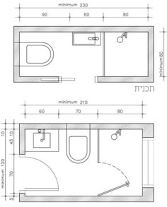 two drawings of a bathroom with toilet, sink and shower