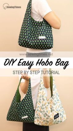 the diy easy hobo bag sewing pattern is shown in three different styles and sizes