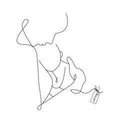 a continuous drawing of a woman holding a baby in her arms with a tag attached to it