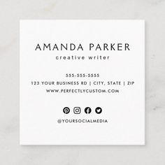 a white business card with the words, amanda parker creative writer and social media logo