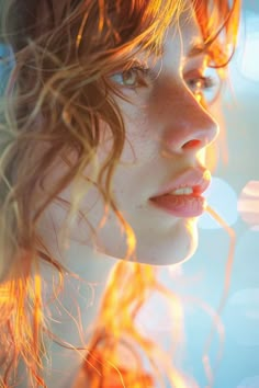 a close up of a woman's face with long hair blowing in the wind