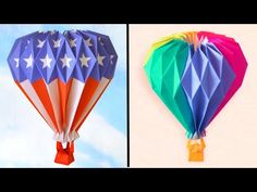 two hot air balloons with stars on them and one in the shape of an american flag