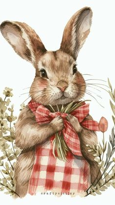 a watercolor painting of a rabbit with a bow on it's neck and some plants in the background