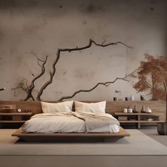 a large bed sitting in the middle of a bedroom next to a wall with branches on it