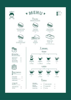 the menu for a restaurant is shown in green and white, as well as an image of