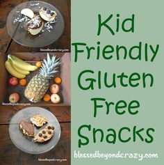 there are four different snacks on the table with words kid friendly gluten free snacks