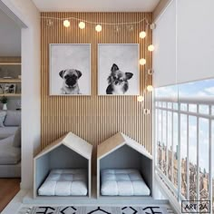 there are two pictures hanging on the wall in this living room, one has a doghouse bed