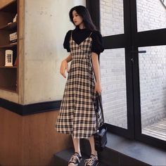 Korean Long Dresses Casual, Cute Long Frocks Korean, Floral Long Dress Casual, Casual Dress Korean Style, Modest Girly Outfits, Girls Dress Outfits, Classy Winter Outfits, Dungaree Dress, Modest Dresses Casual