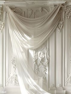 Elegant White Classical Panel Backdrop with Sheer Fabric - Luxurious white backdrop featuring tall Elegant White Curtains, Formal Interior Design, Drapery Photoshoot, Bridal Background, Wedding Aesthetic Decor, Sheer Aesthetic, Elegant Wedding Backdrop, Bridal Mood Board, Ceremony Alter