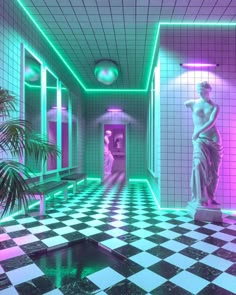 a bathroom with black and white checkered flooring, green neon lights and a statue in the corner