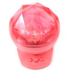 a pink plastic object with red accents on the top and bottom, in front of a white background