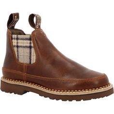 This limited edition Chelsea style Georgia Romeo women's boot is perfect addition to your wardrobe! The brown chelsea features a full-grain leather upper with brown and tan plaid twin gore panels and nylon pull loops for an easy on. The interior has a removable AMP X-Lite memory foam insole for cushioning comfort. The polyurethane outsole is oil and slip-resisting and includes a steel shank for added support. The notched welt construction on this women's Chelsea boot provides a durable foundation. Romeo Shoes, Pull On Work Boots, Georgia Boots, Tan Plaid, Chelsea Boots Women, Closed Toe Shoes, Round Toe Heels, Chelsea Boot, Work Shoes