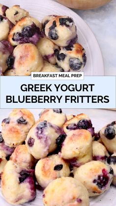 greek yogurt blueberry fritters on a white plate with text overlay