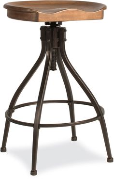 an adjustable stool with wooden seat and metal frame