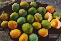 there are mangoes and oranges in the bowl on the stone table outside by the water