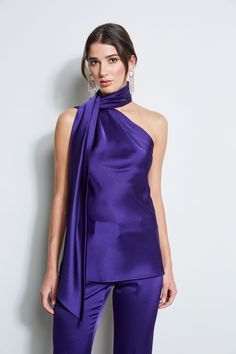 Satin Formal Top, Purple Satin Outfit, Satin One Shoulder Top, Plum Top Outfit, One Shoulder Scarf Top, Satin Top Outfit, Satin Shirts For Women, Satin Two Piece Set, Appliqué Work