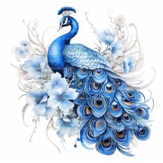 a painting of a blue peacock with white flowers