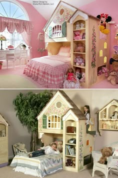 there are two pictures of children's rooms in the same room, one has a doll house and the other has a bed