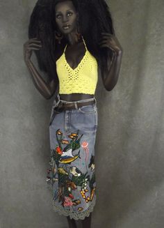 Upcycled jean skirt, embroidered, hand painted, crochet trim, appliqued, fish, lace, OOAK,Wearable A Painted Jean Skirt, Apple Bottom Jeans, Crochet Skirts, Custom Jeans, Painted Jeans, Crochet Buttons, Jelly Fish, Upcycle Jeans, Flower Skirt