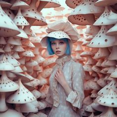 a woman with blue hair standing in front of many mushrooms