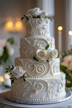 a three tiered white wedding cake with flowers on top