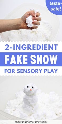 two ingredient fake snow for snowy play with text overlay that reads, 2 ingredient fake snow for sensory play