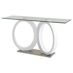 a glass and metal console table with two circles on the top, in front of a white background