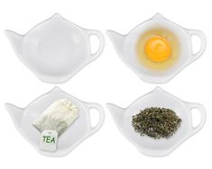 four tea cups with different types of tea and an egg in them on white plates