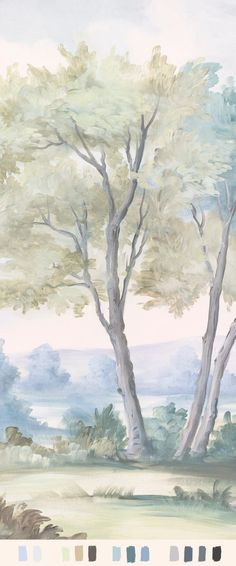 a painting of two trees in the middle of a field