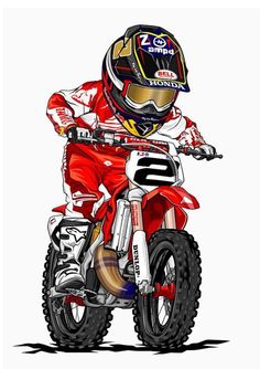 a man riding on the back of a dirt bike in red and white outfit with helmet