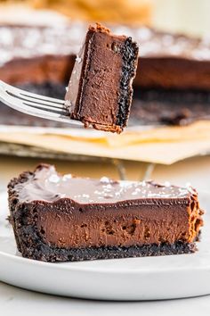 a piece of chocolate cake on a plate with a fork