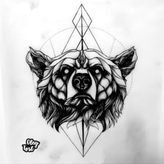 a black and white drawing of a bear's head with geometric shapes on it