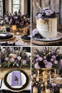 purple and gold wedding decor with flowers on the cake, candles in vases and plates