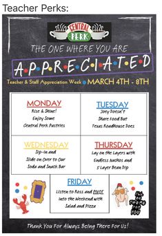 an advertisement for teachers appreciation week with the teacher perks logo and school colors on it