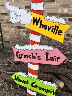 a street sign that has some signs on it in front of a brick wall and grass