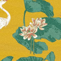 a yellow and green wallpaper with flowers, leaves and birds in the background is an image of two flamingos