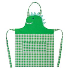 Front view of dino apron. Storing Recipes, Bunting Ideas, Apron Kids, Baking Painting, Stainless Bottle, Cute Apron, Cute Aprons, Gingham Fabric, Kids Apron