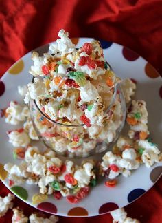 a bowl full of popcorn on top of a plate