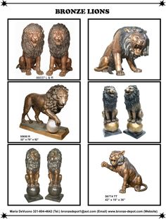 bronze lion figurines are shown in four different styles and sizes, including one with a