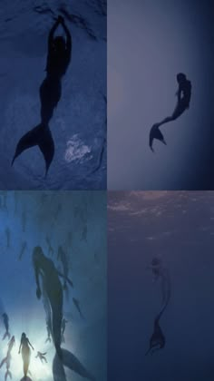 four different images of people swimming in the water with their backs turned to look like mermaids