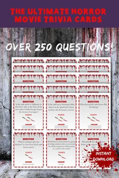 horror movie trivia cards, 6 cards per page on a gray and red background, over 250 questions, instant download Horror Movie Trivia, Pub Quizzes, Movie Trivia, Rosemary's Baby, 1984 Movie, Pub Quiz, Film Games, Cards Halloween